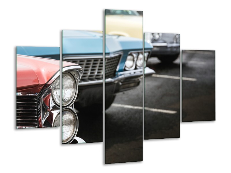 Glasschilderij Oldtimer, Auto | Zwart, Blauw, Rood | 100x70cm 5Luik