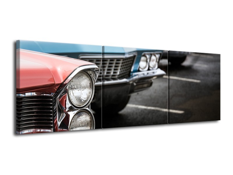 Glasschilderij Oldtimer, Auto | Zwart, Blauw, Rood | 120x40cm 3Luik