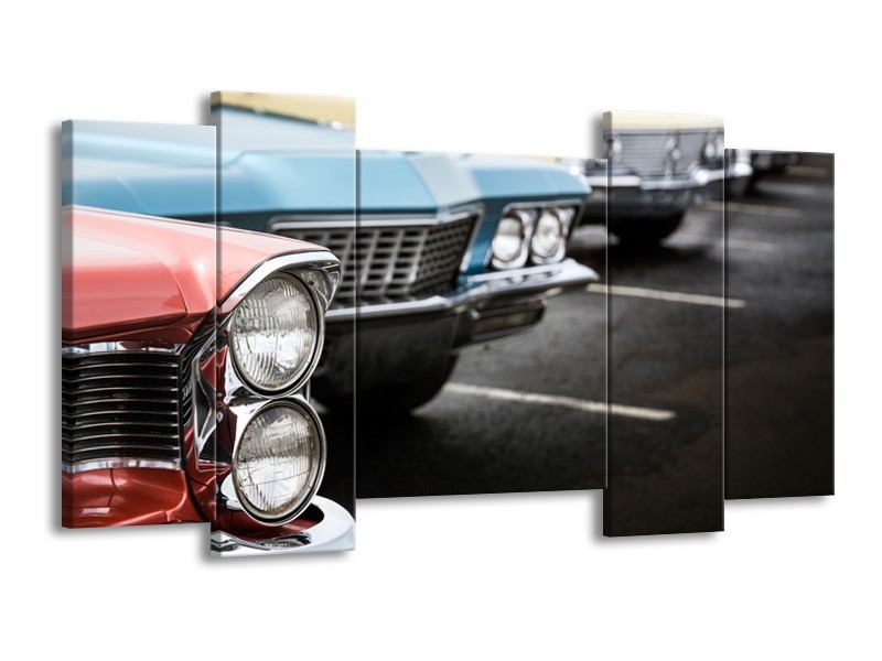 Glasschilderij Oldtimer, Auto | Zwart, Blauw, Rood | 120x65cm 5Luik