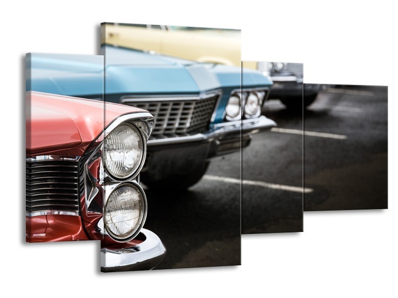 Canvas Schilderij Oldtimer, Auto | Zwart, Blauw, Rood | 120x75cm 4Luik