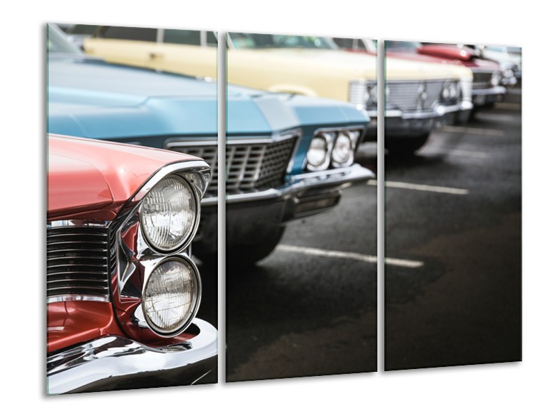 Glasschilderij Oldtimer, Auto | Zwart, Blauw, Rood | 120x80cm 3Luik