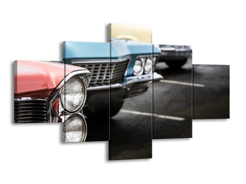 Canvas Schilderij Oldtimer, Auto | Zwart, Blauw, Rood | 125x70cm 5Luik