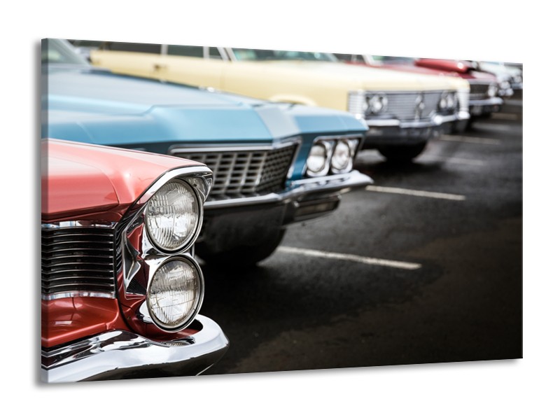 Canvas Schilderij Oldtimer, Auto | Zwart, Blauw, Rood | 140x90cm 1Luik