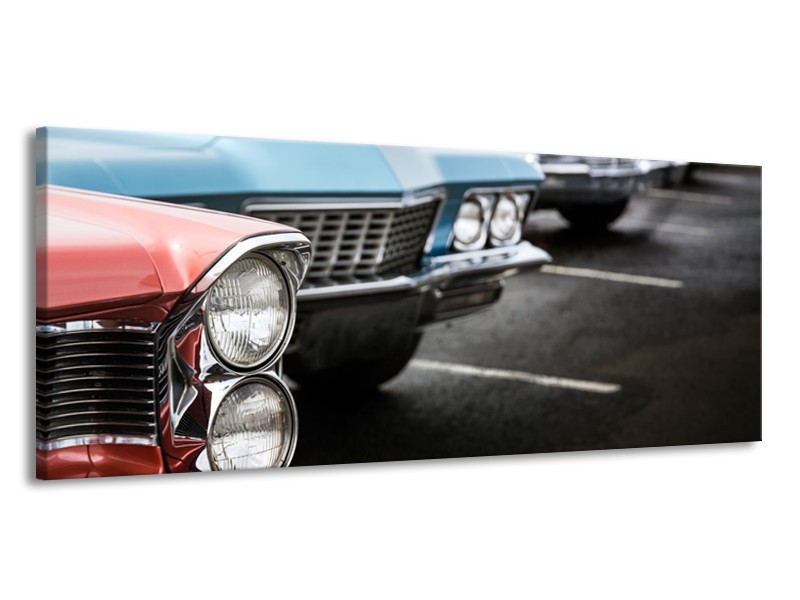 Glasschilderij Oldtimer, Auto | Zwart, Blauw, Rood | 145x58cm 1Luik