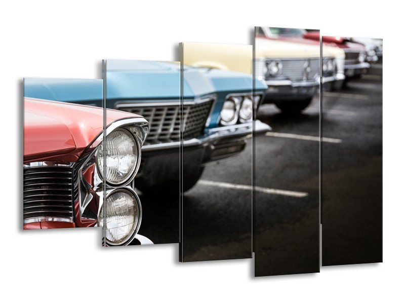 Glasschilderij Oldtimer, Auto | Zwart, Blauw, Rood | 150x100cm 5Luik