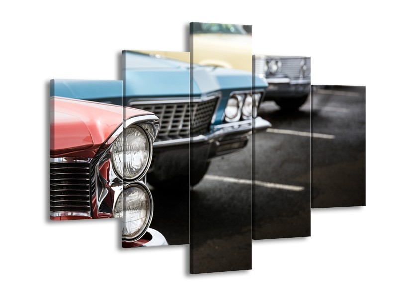 Canvas Schilderij Oldtimer, Auto | Zwart, Blauw, Rood | 150x105cm 5Luik