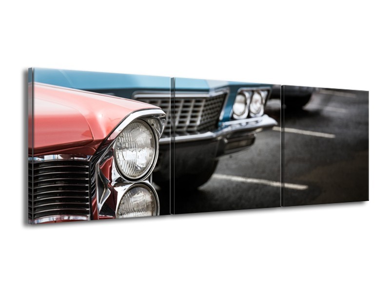 Glasschilderij Oldtimer, Auto | Zwart, Blauw, Rood | 150x50cm 3Luik