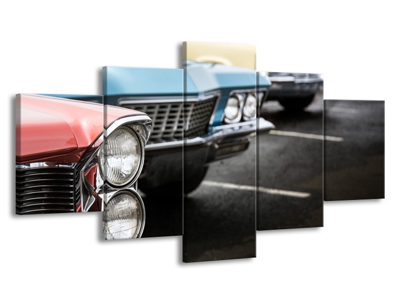 Canvas Schilderij Oldtimer, Auto | Zwart, Blauw, Rood | 150x80cm 5Luik