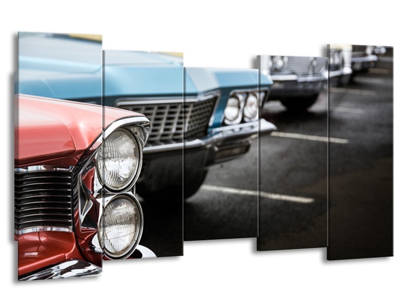 Glasschilderij Oldtimer, Auto | Zwart, Blauw, Rood | 150x80cm 5Luik