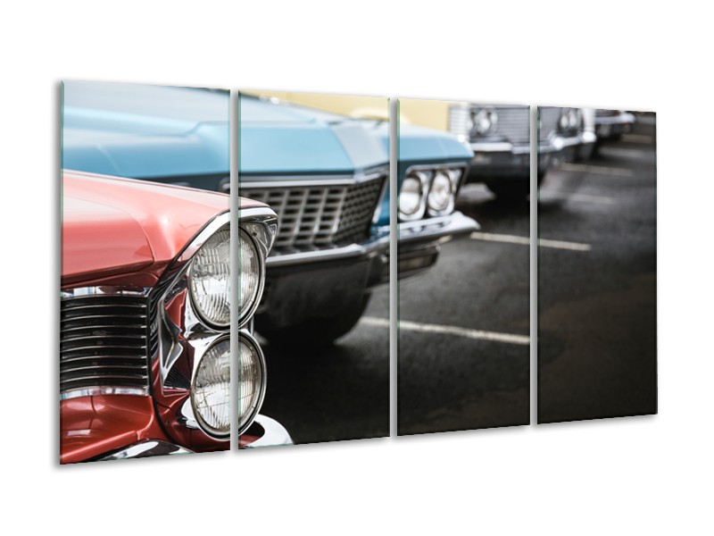 Canvas Schilderij Oldtimer, Auto | Zwart, Blauw, Rood | 160x80cm 4Luik