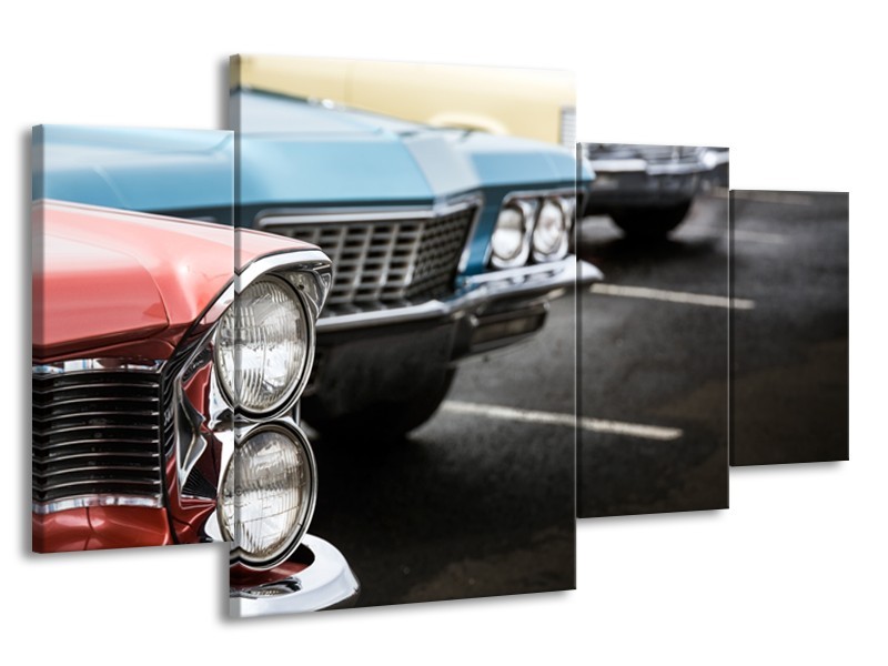 Canvas Schilderij Oldtimer, Auto | Zwart, Blauw, Rood | 160x90cm 4Luik