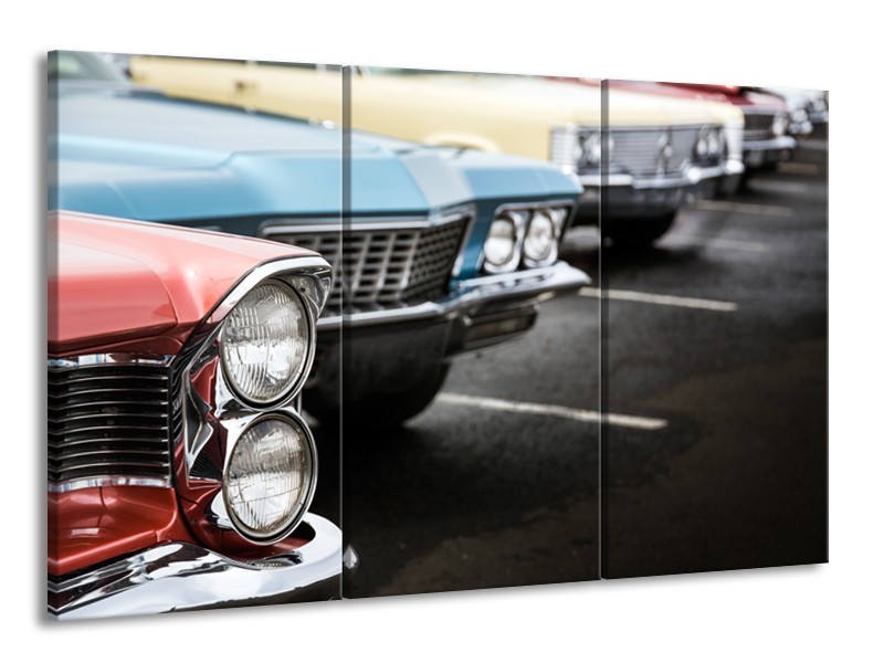 Glasschilderij Oldtimer, Auto | Zwart, Blauw, Rood | 165x100cm 3Luik