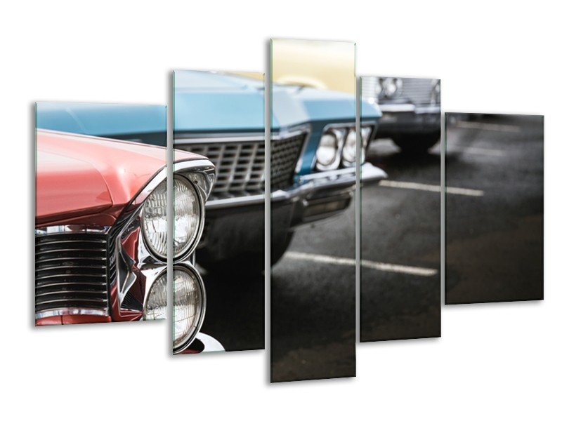 Glasschilderij Oldtimer, Auto | Zwart, Blauw, Rood | 170x100cm 5Luik