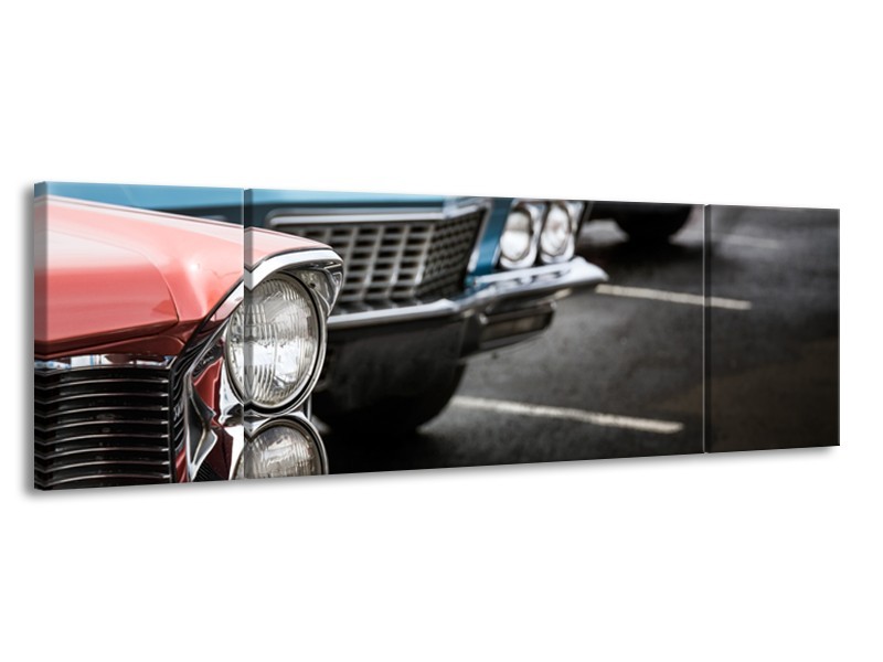 Glasschilderij Oldtimer, Auto | Zwart, Blauw, Rood | 170x50cm 3Luik