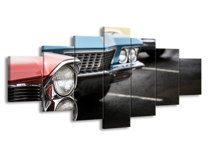 Canvas Schilderij Oldtimer, Auto | Zwart, Blauw, Rood | 210x100cm 7Luik