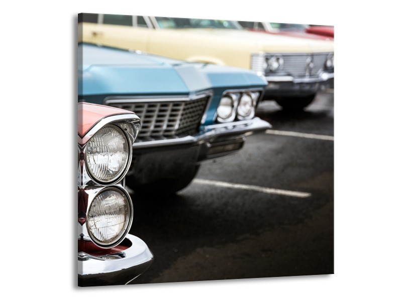 Glasschilderij Oldtimer, Auto | Zwart, Blauw, Rood | 70x70cm 1Luik