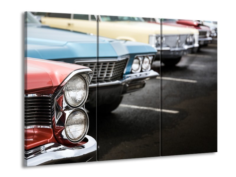 Glasschilderij Oldtimer, Auto | Zwart, Blauw, Rood | 60x90cm 3Luik