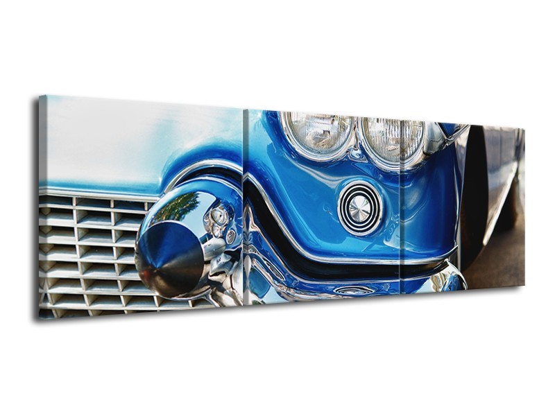 Glasschilderij Oldtimer, Auto | Blauw, Grijs, Zilver | 120x40cm 3Luik