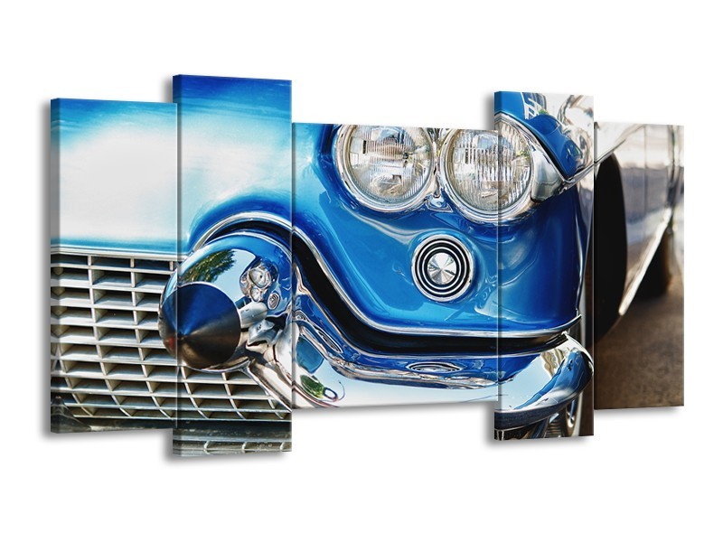 Canvas Schilderij Oldtimer, Auto | Blauw, Grijs, Zilver | 120x65cm 5Luik