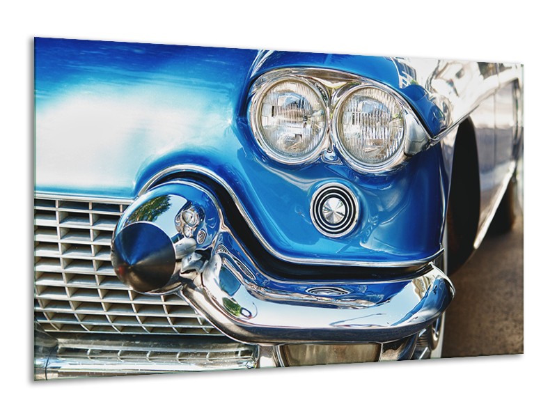 Glasschilderij Oldtimer, Auto | Blauw, Grijs, Zilver | 120x70cm 1Luik