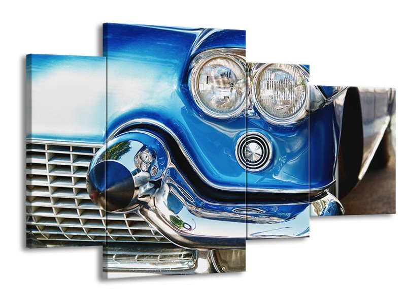 Canvas Schilderij Oldtimer, Auto | Blauw, Grijs, Zilver | 120x75cm 4Luik