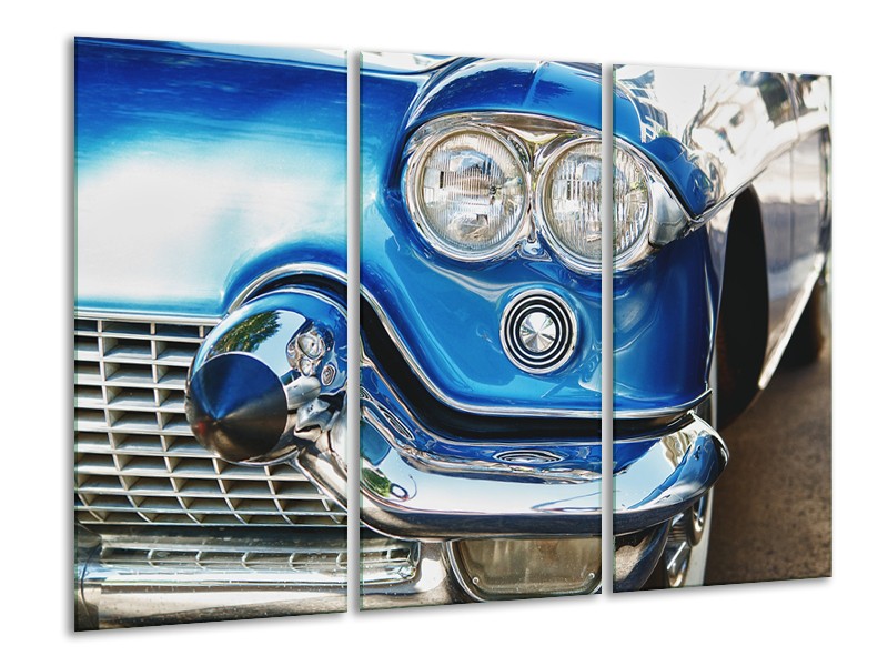 Glasschilderij Oldtimer, Auto | Blauw, Grijs, Zilver | 120x80cm 3Luik