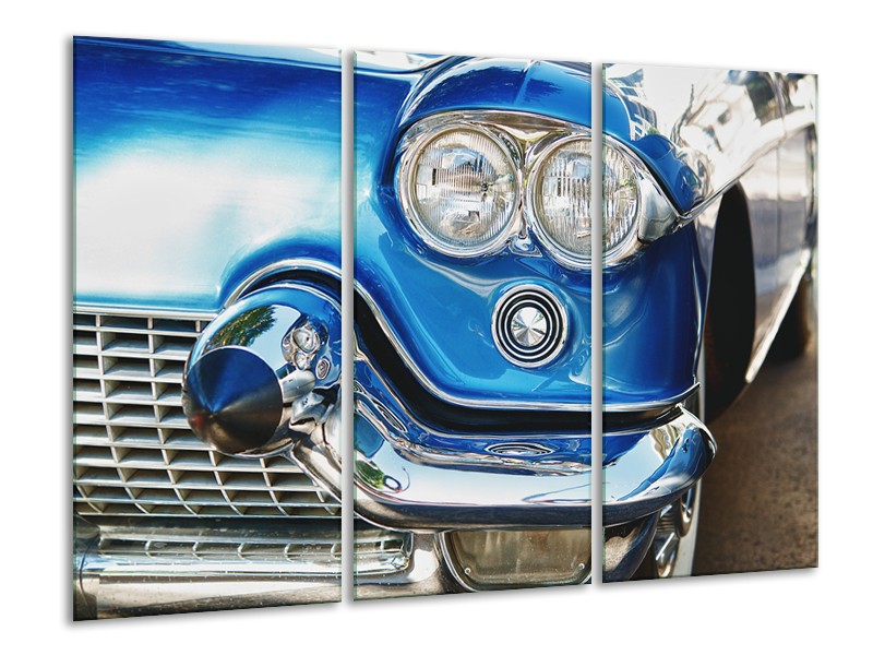 Canvas Schilderij Oldtimer, Auto | Blauw, Grijs, Zilver | 120x80cm 3Luik