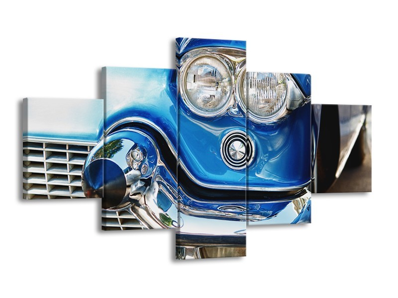 Canvas Schilderij Oldtimer, Auto | Blauw, Grijs, Zilver | 125x70cm 5Luik