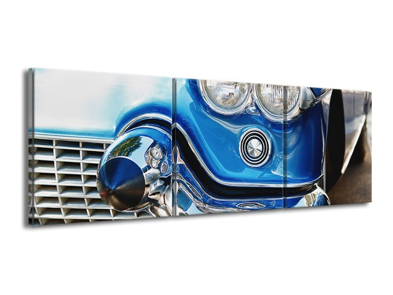 Canvas Schilderij Oldtimer, Auto | Blauw, Grijs, Zilver | 150x50cm 3Luik