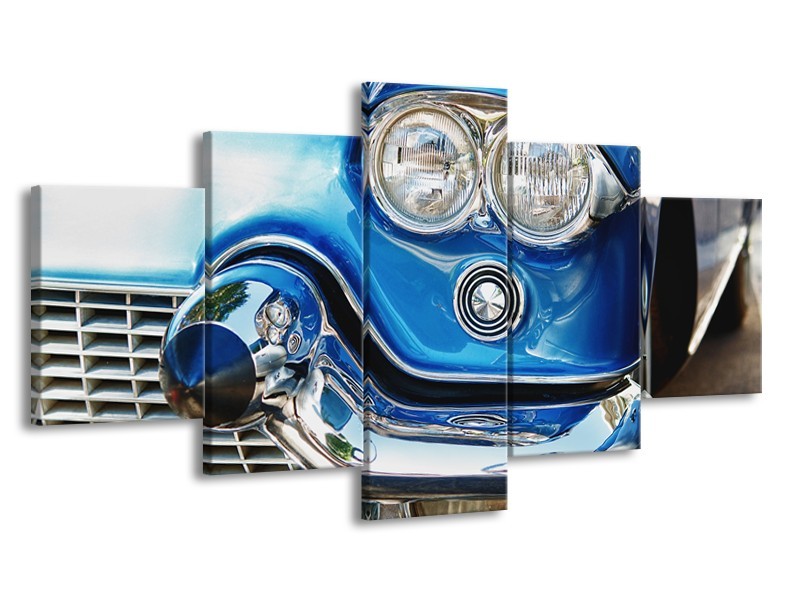 Canvas Schilderij Oldtimer, Auto | Blauw, Grijs, Zilver | 150x80cm 5Luik