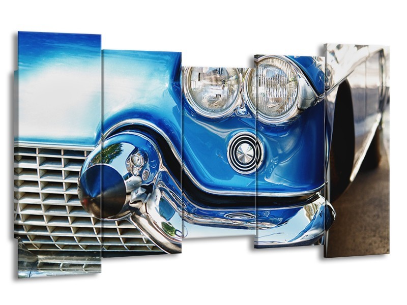 Canvas Schilderij Oldtimer, Auto | Blauw, Grijs, Zilver | 150x80cm 5Luik