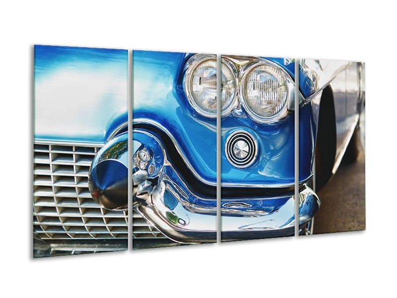 Glasschilderij Oldtimer, Auto | Blauw, Grijs, Zilver | 160x80cm 4Luik