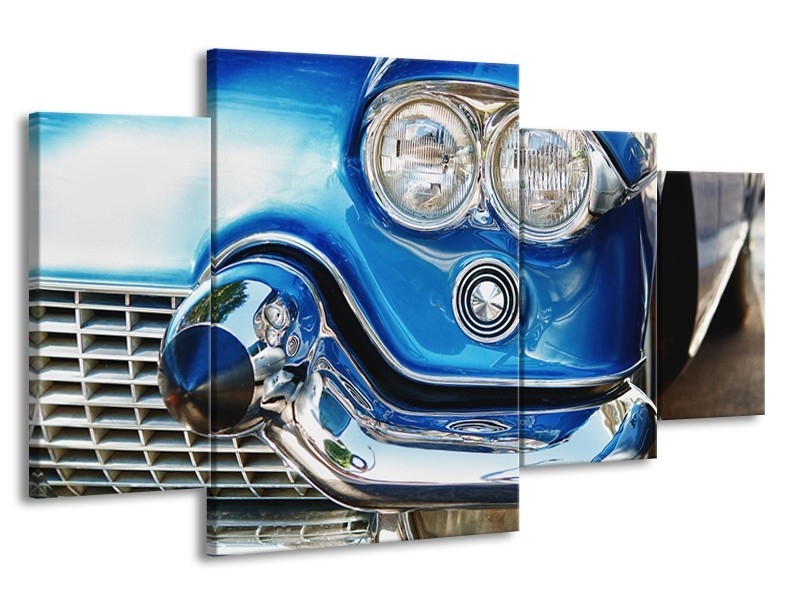 Glasschilderij Oldtimer, Auto | Blauw, Grijs, Zilver | 160x90cm 4Luik