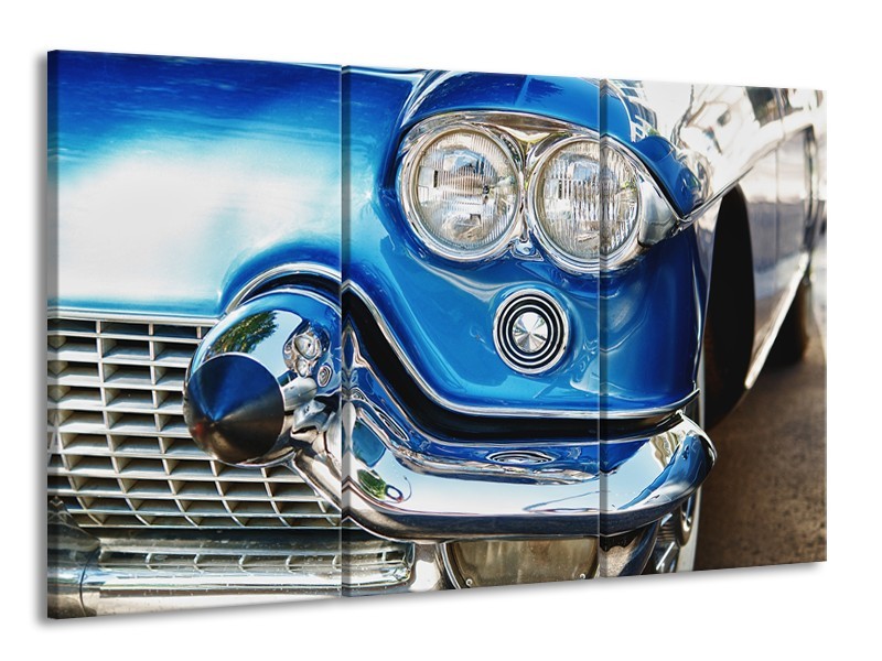 Canvas Schilderij Oldtimer, Auto | Blauw, Grijs, Zilver | 165x100cm 3Luik