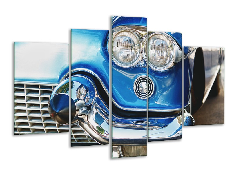 Canvas Schilderij Oldtimer, Auto | Blauw, Grijs, Zilver | 170x100cm 5Luik