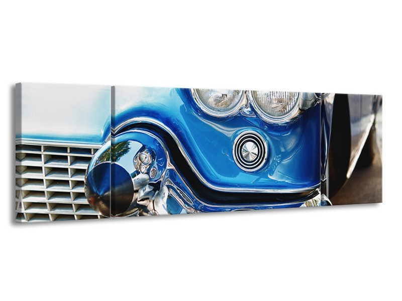 Glasschilderij Oldtimer, Auto | Blauw, Grijs, Zilver | 170x50cm 3Luik