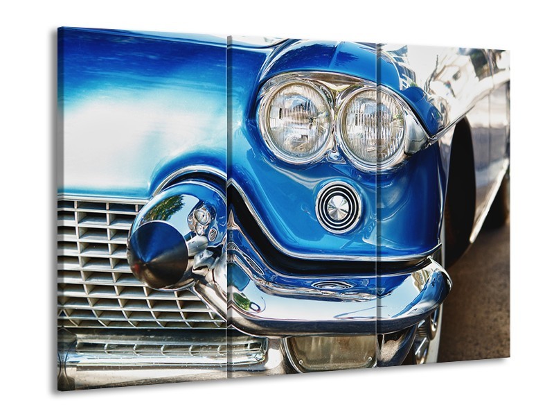 Canvas Schilderij Oldtimer, Auto | Blauw, Grijs, Zilver | 60x90cm 3Luik