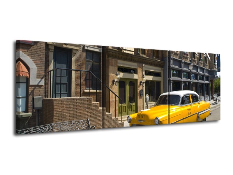 Glasschilderij Oldtimer, Auto | Geel, Grijs, Bruin | 120x40cm 3Luik