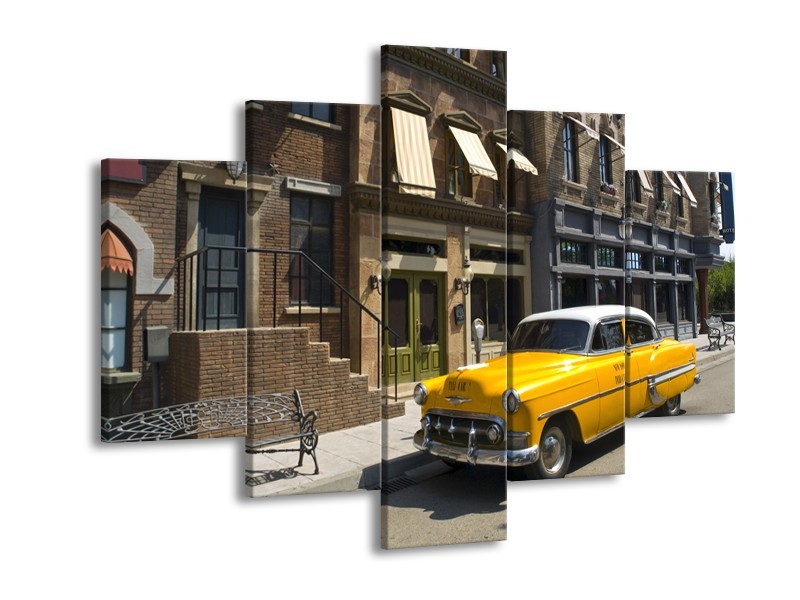 Glasschilderij Oldtimer, Auto | Geel, Grijs, Bruin | 150x105cm 5Luik