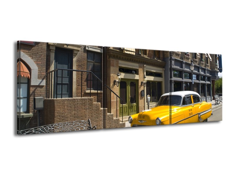 Glasschilderij Oldtimer, Auto | Geel, Grijs, Bruin | 150x50cm 3Luik