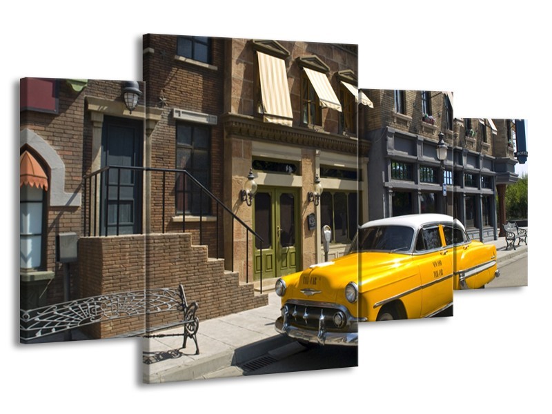 Canvas Schilderij Oldtimer, Auto | Geel, Grijs, Bruin | 160x90cm 4Luik