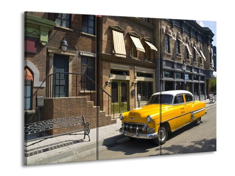 Glasschilderij Oldtimer, Auto | Geel, Grijs, Bruin | 60x90cm 3Luik