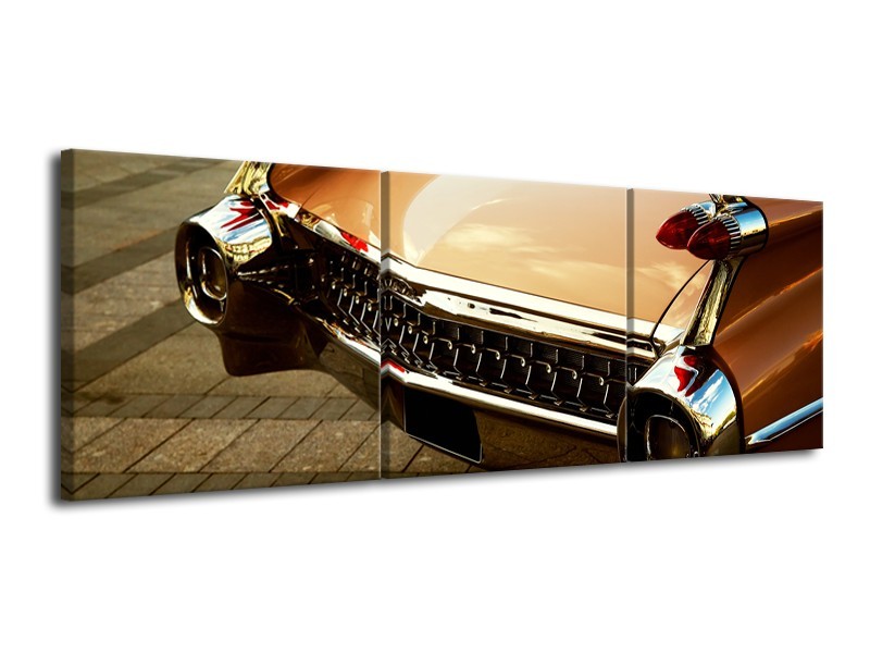 Glasschilderij Oldtimer, Auto | Bruin, Goud, Geel | 120x40cm 3Luik