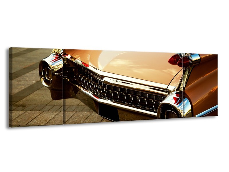 Glasschilderij Oldtimer, Auto | Bruin, Goud, Geel | 170x50cm 3Luik