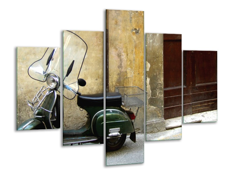 Canvas Schilderij Motor, Scooter | Bruin, Geel, Groen | 100x70cm 5Luik