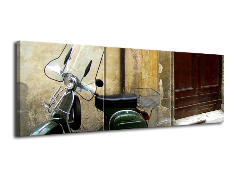 Glasschilderij Motor, Scooter | Bruin, Geel, Groen | 120x40cm 3Luik