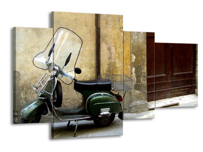 Canvas Schilderij Motor, Scooter | Bruin, Geel, Groen | 120x75cm 4Luik