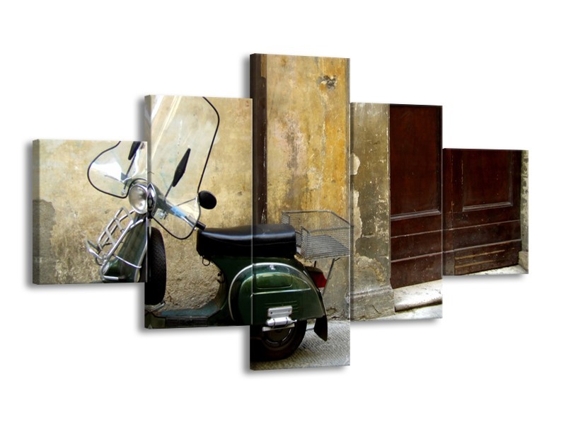 Canvas Schilderij Motor, Scooter | Bruin, Geel, Groen | 125x70cm 5Luik