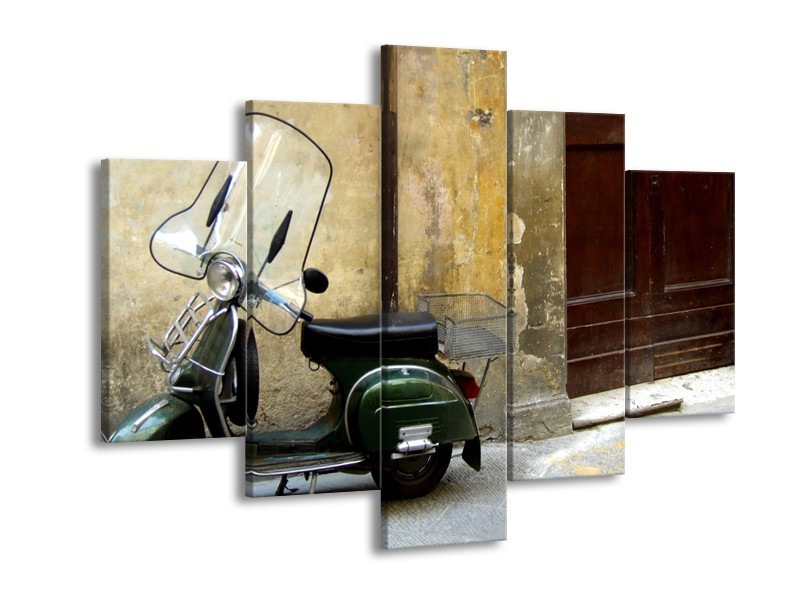 Canvas Schilderij Motor, Scooter | Bruin, Geel, Groen | 150x105cm 5Luik