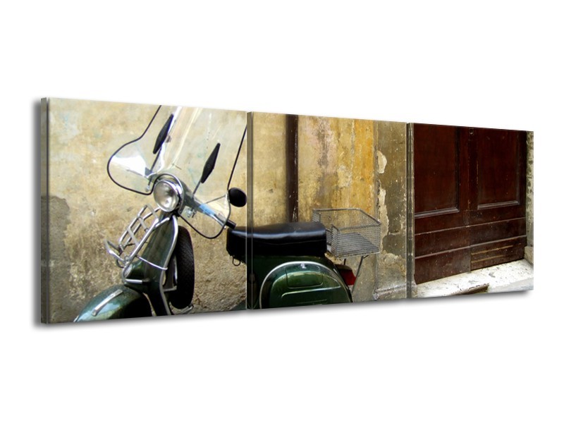 Glasschilderij Motor, Scooter | Bruin, Geel, Groen | 150x50cm 3Luik